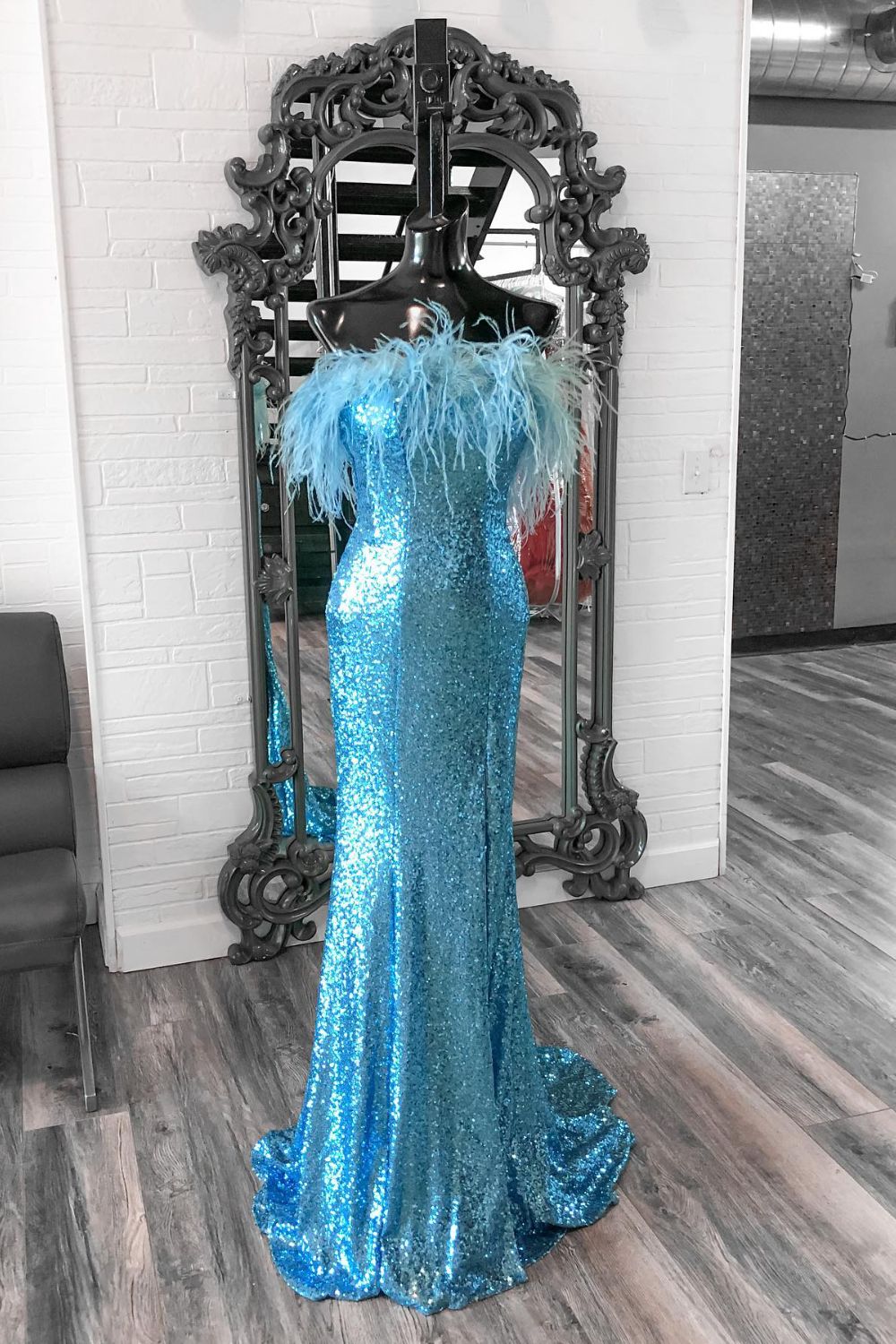 Dressime Mermaid Strapless Sequins Slit Long Prom Dress with Feathers