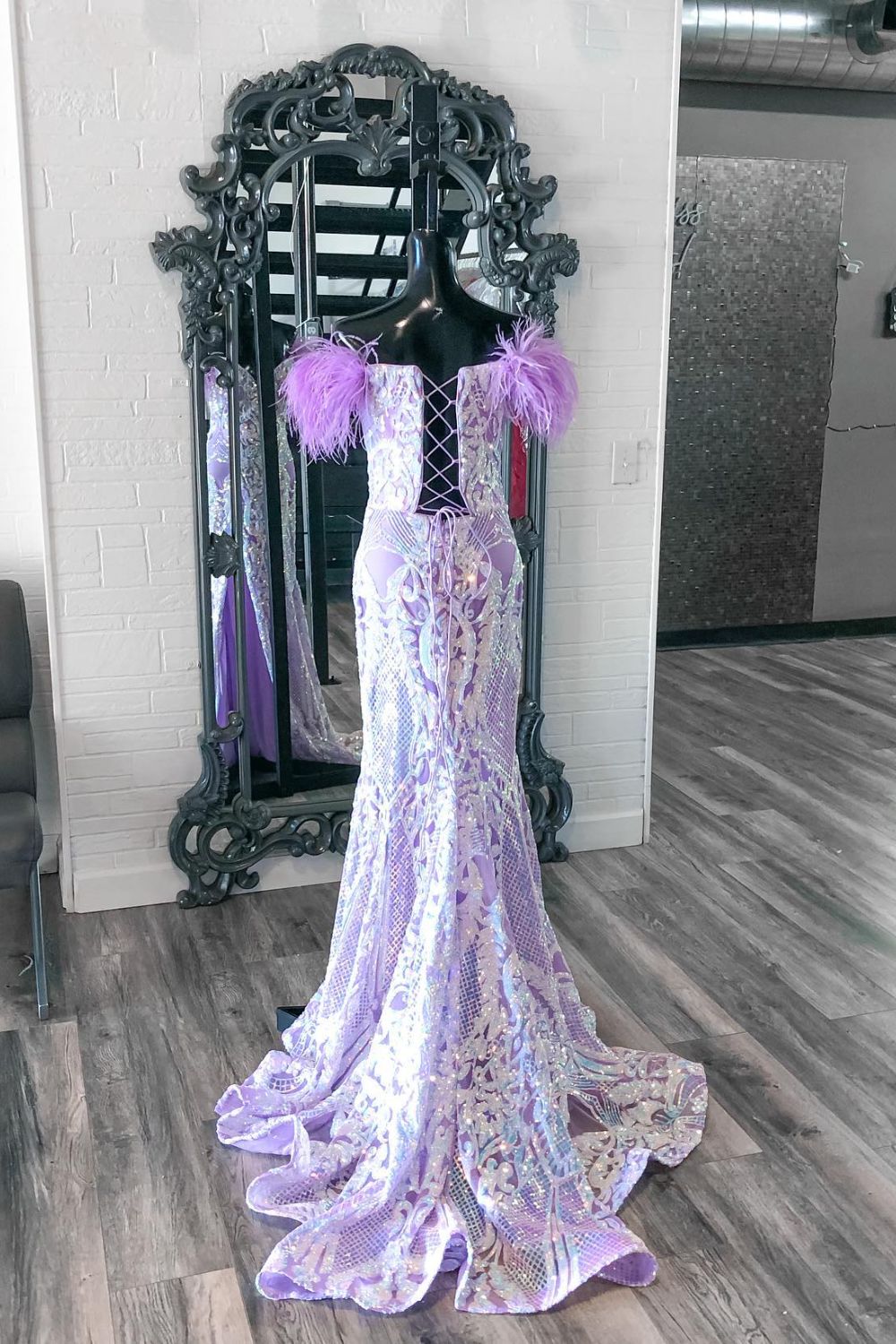 Dressime Mermaid Off The shoulder Sequin Appliques Feather Prom Dress With Slit