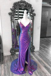Dressime Mermaid Sequin Spaghetti Straps Long Prom Dress with Slit
