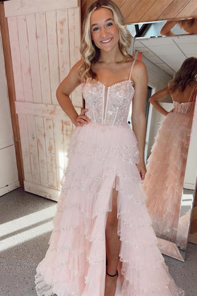 Dressime Sequin Lace Spaghetti Strap Ruffle Tiered Long Prom Dress