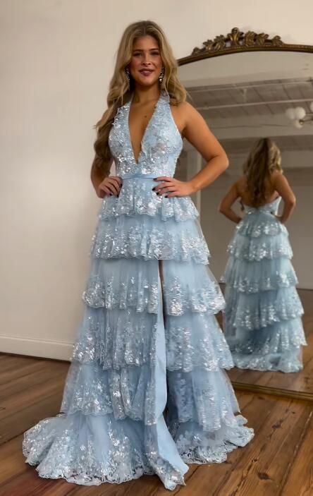 Dressime A Line Halter Tulle Ruffle Tiered Long Prom Dress With Appliques