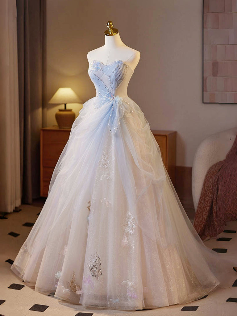 Dressime A Line Sweetheart Tulle Beaded Sequin Long Party Dress