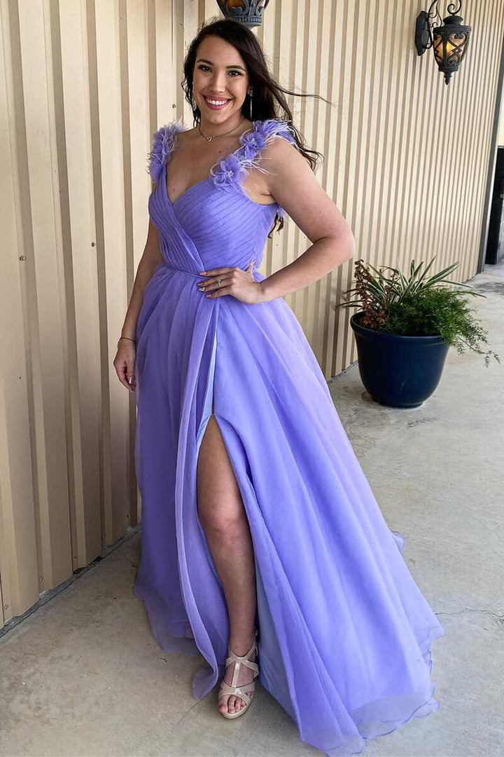 Dressime A-Line Off The Shoulder Tulle  Ruched Feather Prom Dress With Slit
