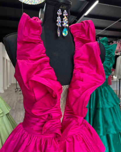 Dressime A Line Plunge V Ruffle Tiered Long Prom Dress with Slit