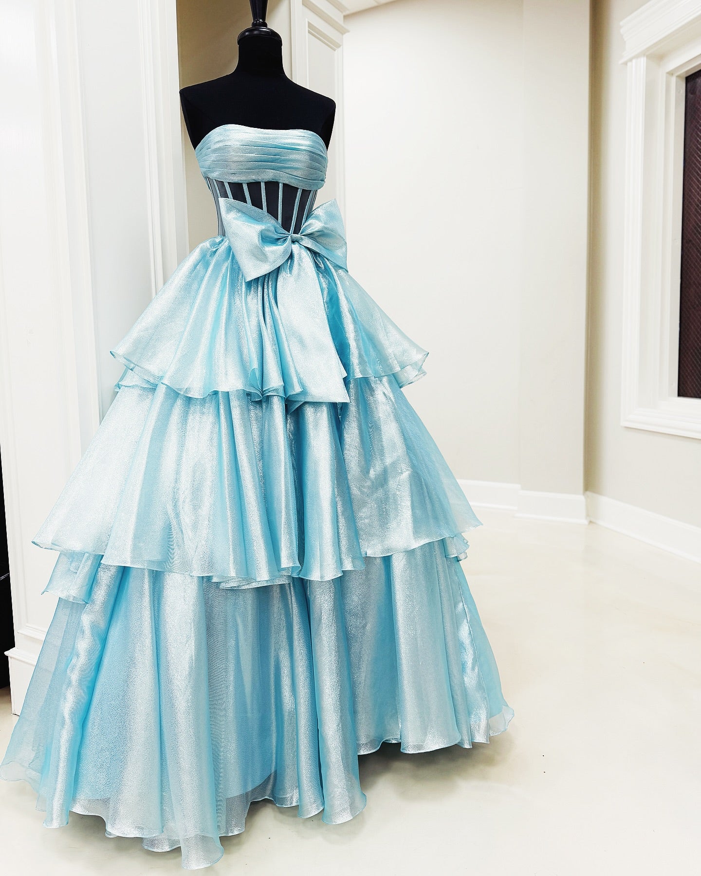 Dressime Elegant A Line Strapless Tiered Long Prom Dress with Bowknot