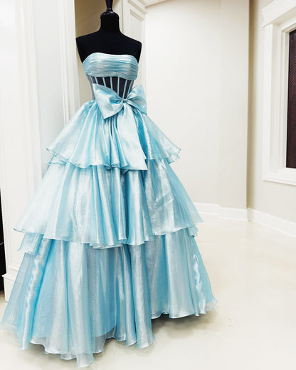 Dressime Elegant A Line Strapless Tiered Long Prom Dress with Bowknot