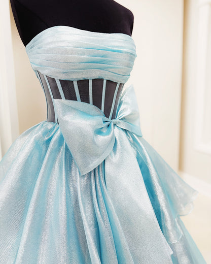 Dressime Elegant A Line Strapless Tiered Long Prom Dress with Bowknot