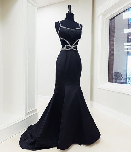 Dressime Elegant Mermaid Spaghetti Straps Satin Beaded Long Prom Dress with Bowknot