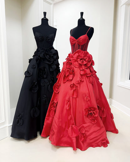 Dressime A Line Spaghetti Straps Corset Satin Long Prom Dress With 3D Flowers