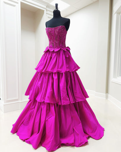 Dressime A Line Strapless Satin Ruffle Beaded Tiered Long Prom Dress with Bowknot