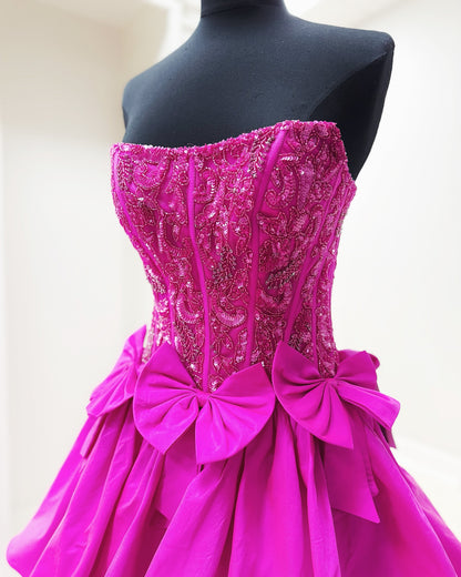 Dressime A Line Strapless Satin Ruffle Beaded Tiered Long Prom Dress with Bowknot