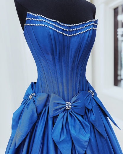 Dressime A Line Strapless Corset Satin Long Prom Dress With Bow