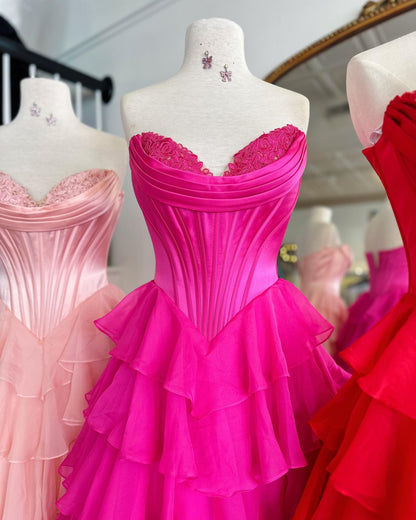 Dressime A Line Sweetheart Chiffon Corset Tiered Long Prom Dress