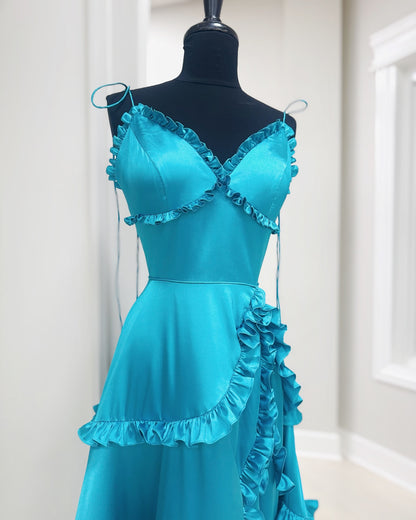 Dressime Sparkly A Line Spaghetti Straps Satin Slit Long Prom Dress