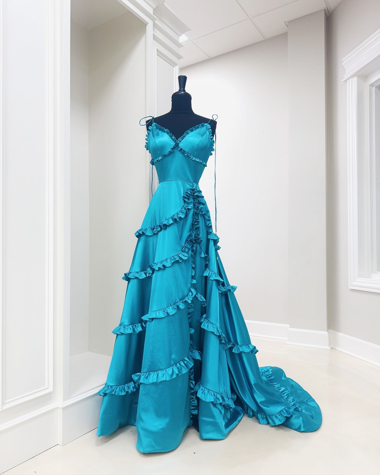 Dressime Sparkly A Line Spaghetti Straps Satin Slit Long Prom Dress