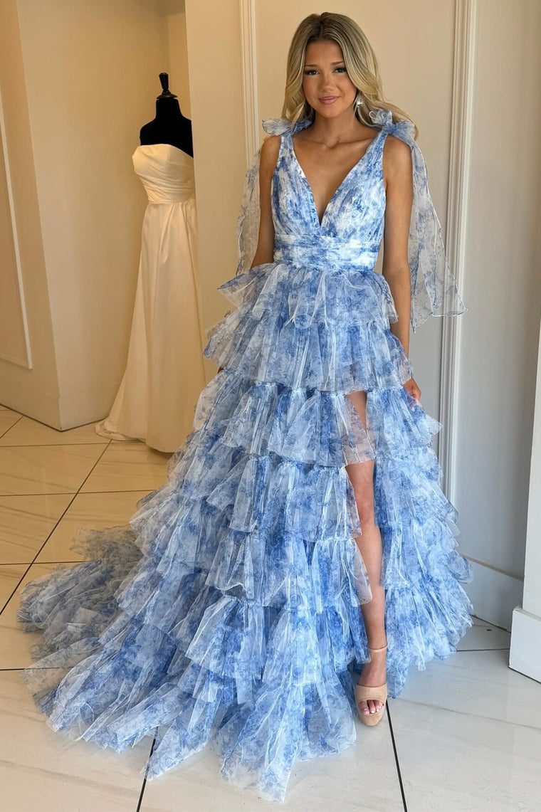 Dressime A Line V Neck Tulle Print Plunge V Ruffle Tiered Long Prom Dress