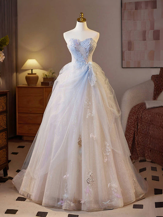 Dressime A Line Sweetheart Tulle Beaded Sequin Long Party Dress