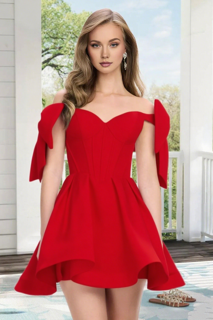 Dressime A Line Off The Shoulder Bow Corset Satin Mini Homecoming Dress