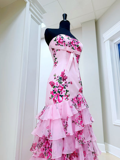 Dressime Stylish Mermaid Strapless Printed Chiffon Ruffle Long Prom Dress With Bow