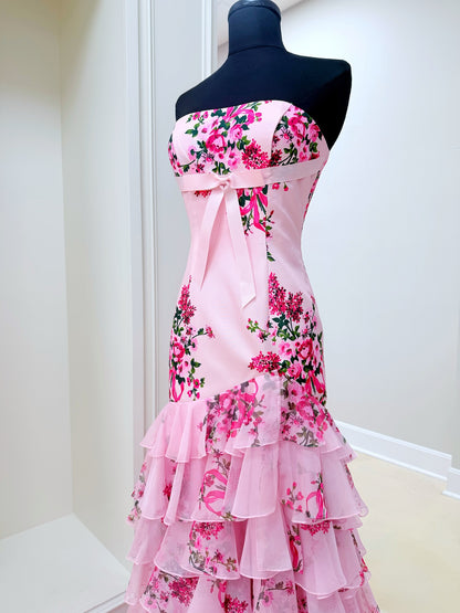 Dressime Stylish Mermaid Strapless Printed Chiffon Ruffle Long Prom Dress With Bow