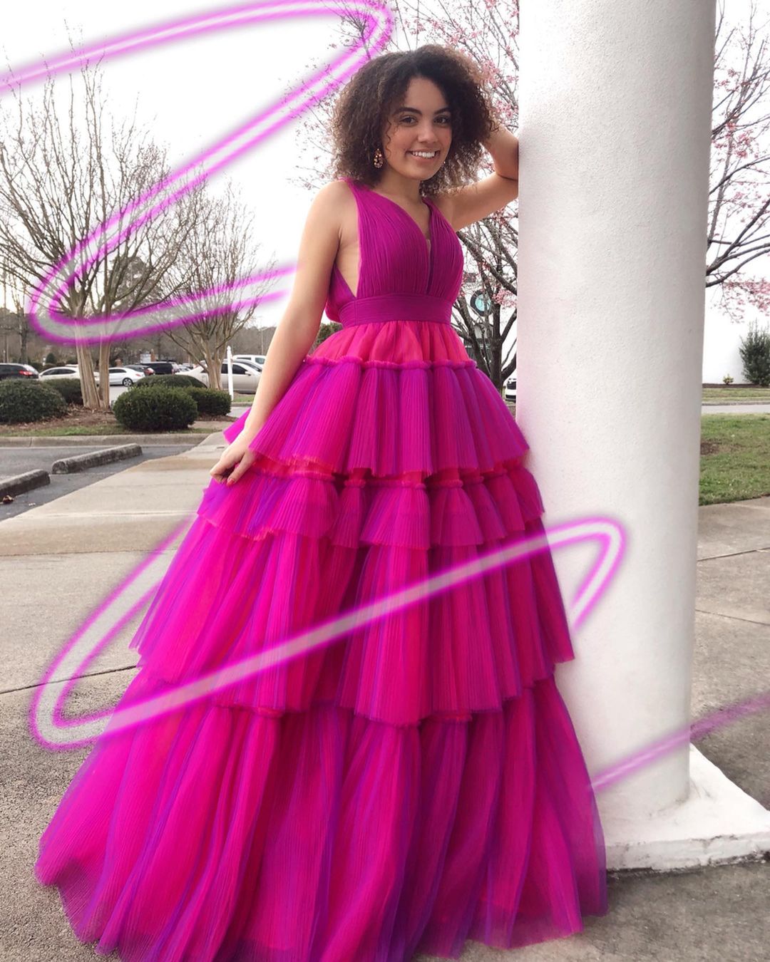 A Line V Neck Tulle Tiered Ruffle Long Prom Dress