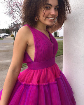 A Line V Neck Tulle Tiered Ruffle Long Prom Dress