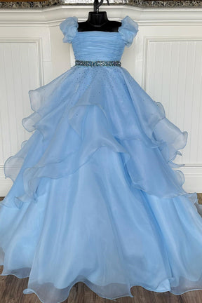 Dressime A Line Scoop Tulle Multi-Layer Girl Pageant Dress with Puff Sleeves
