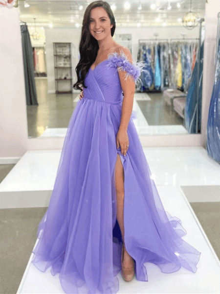 Dressime A-Line Off The Shoulder Tulle  Ruched Feather Prom Dress With Slit