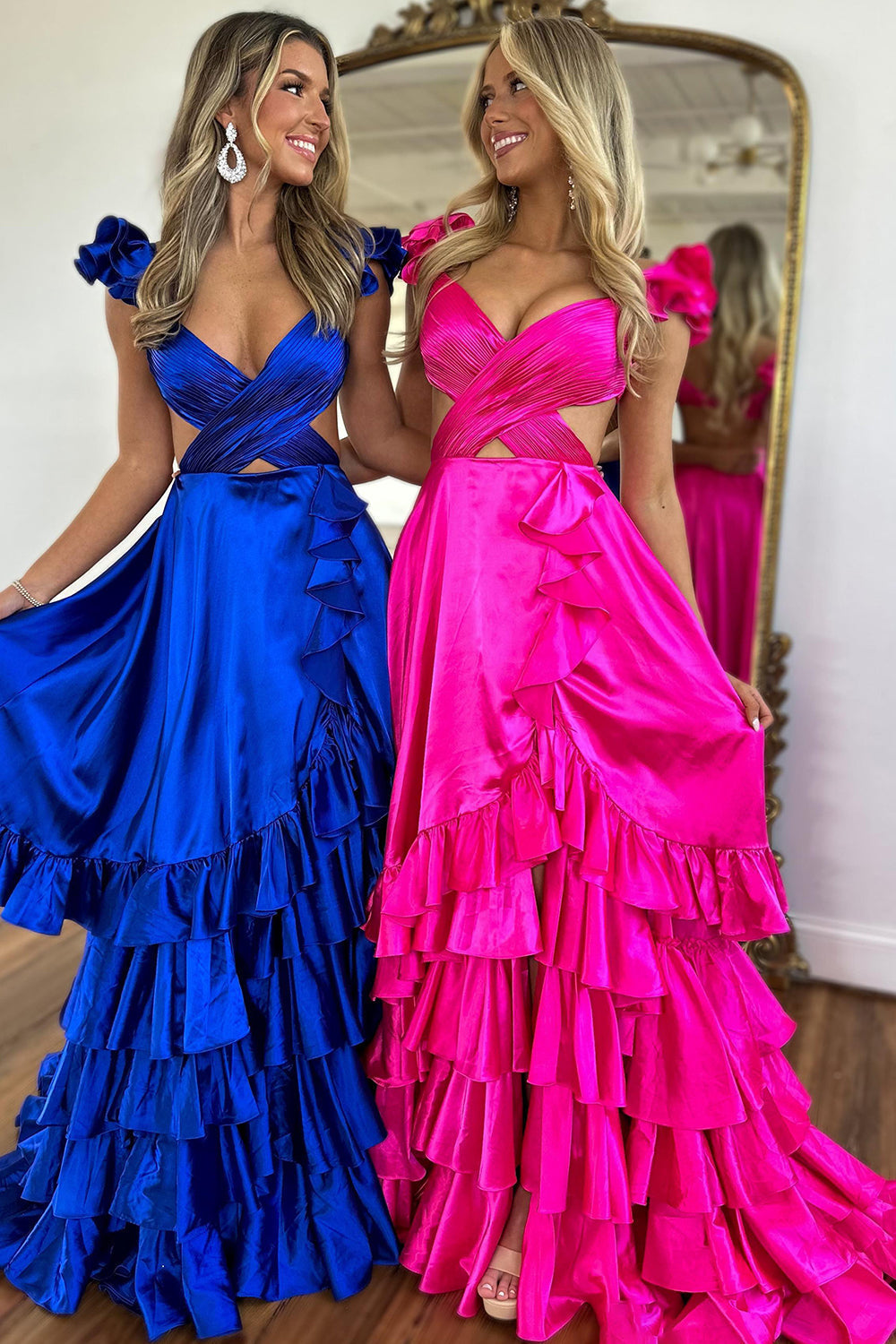 Dressime A Line Ruffled Straps Pleated Tiered Long Prom Dress