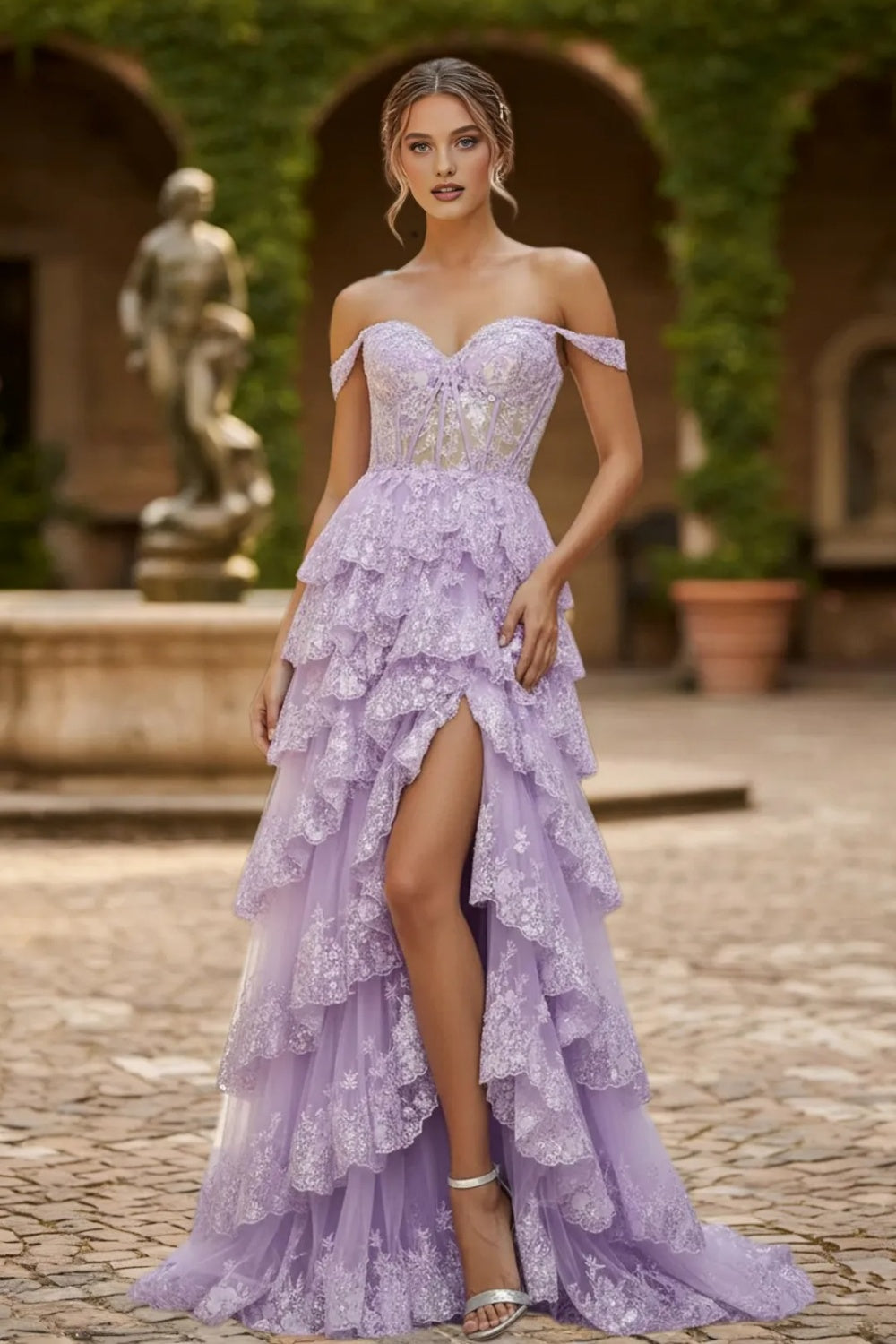 Dressime A Line Sweetheart Sequin Embroidery Tiered Long Prom Dress with Slit