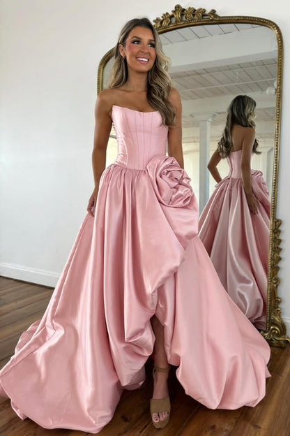 Dressime Elegant A Line Strapless Corset High Low Prom Dress With 3D Flower