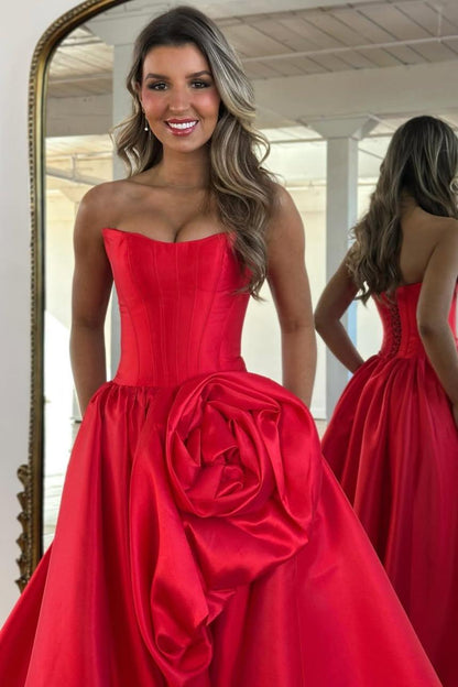 Dressime Elegant A Line Strapless Corset High Low Prom Dress With 3D Flower