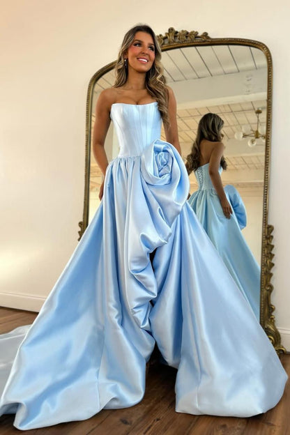 Dressime Elegant A Line Strapless Corset High Low Prom Dress With 3D Flower