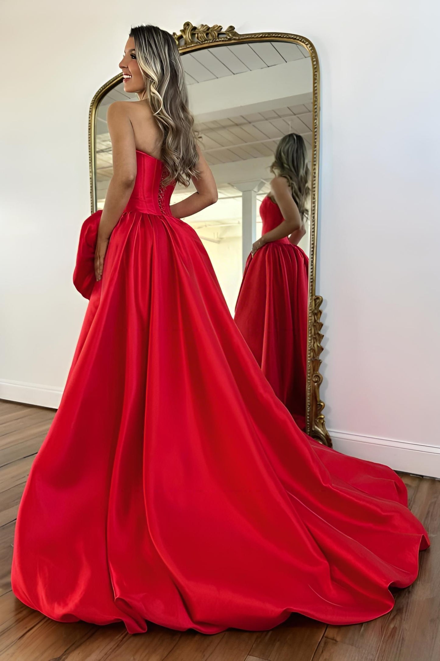 Dressime Elegant A Line Strapless Corset High Low Prom Dress With 3D Flower