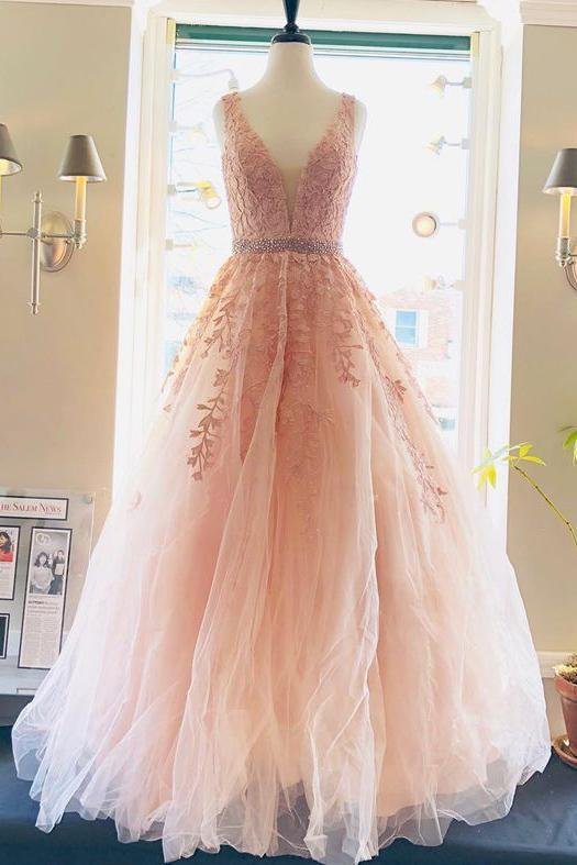 Dressime Plus Size A Line V Neck Tulle Beads Prom Dresses With Appliques