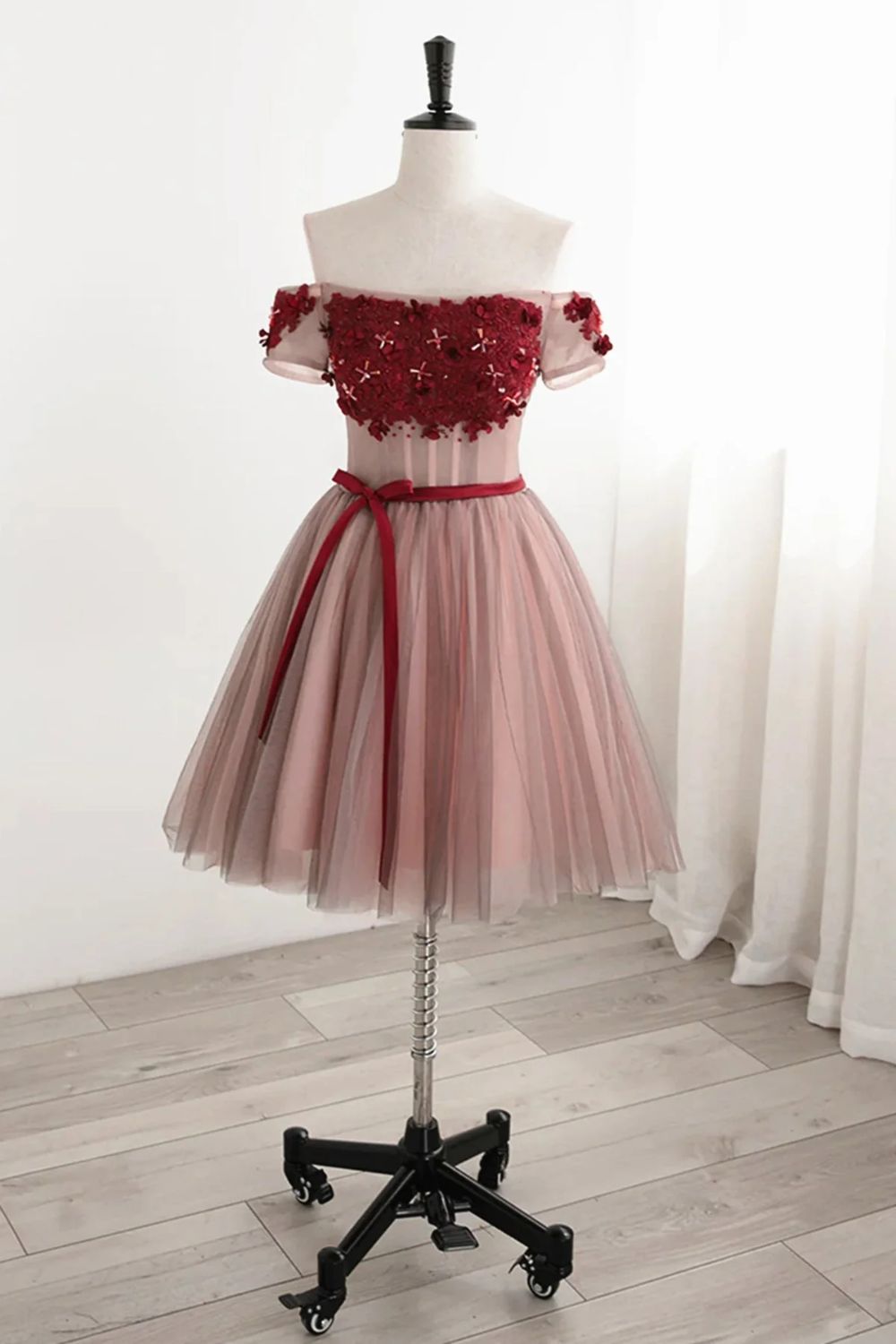 Dressime A Line Off the Shoulder Flowers Tulle Short Homecoming Dresses