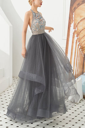 Dressime Asymmetrical Ball Gown Halter Tulle Prom Dress With Beaded