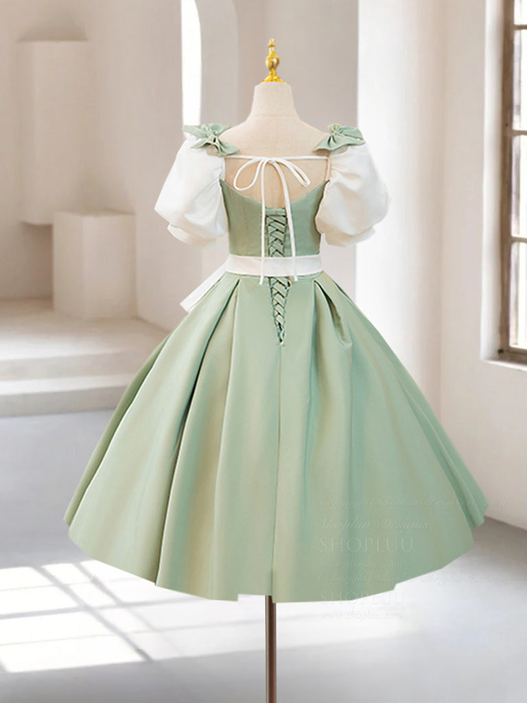Ball Gown Square Neck Satin Short Party Dress With Puff Sleeves dressime Ball Gown Square Neck Satin Short Party Dress With Puff Sleeves dressime