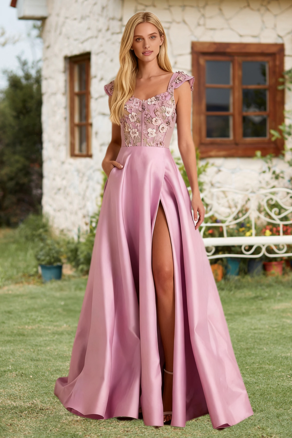Dressime A Line Straps Satin Corset Bodice Embroidered Long Prom Dress With Slit