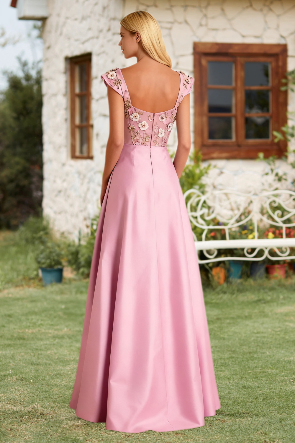 Dressime A Line Straps Satin Corset Bodice Embroidered Long Prom Dress With Slit