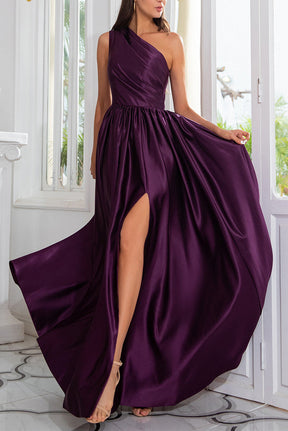 Dressime A Line Satin One Shoulder Prom Dress With Side Split