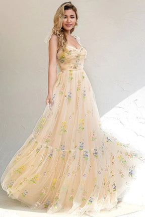 Dressime Chic  A Line Spaghetti Straps Floral Long Prom Dress with Appliques