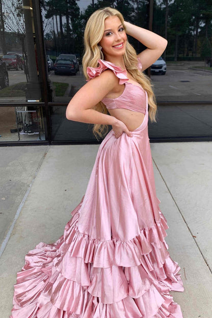 Dressime A Line Ruffled Straps Pleated Tiered Long Prom Dress