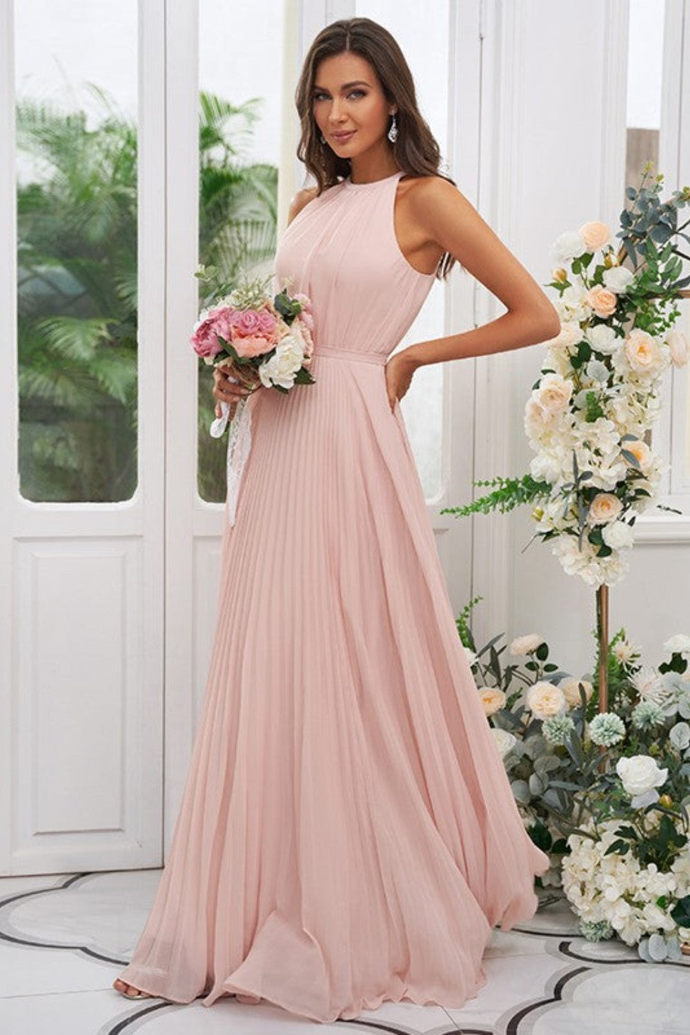 dressimeA Line Chiffon Halter Ruched Bodice Bridesmaid Dresses 