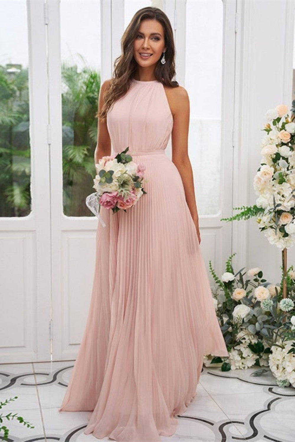 dressimeA Line Chiffon Halter Ruched Bodice Bridesmaid Dresses 