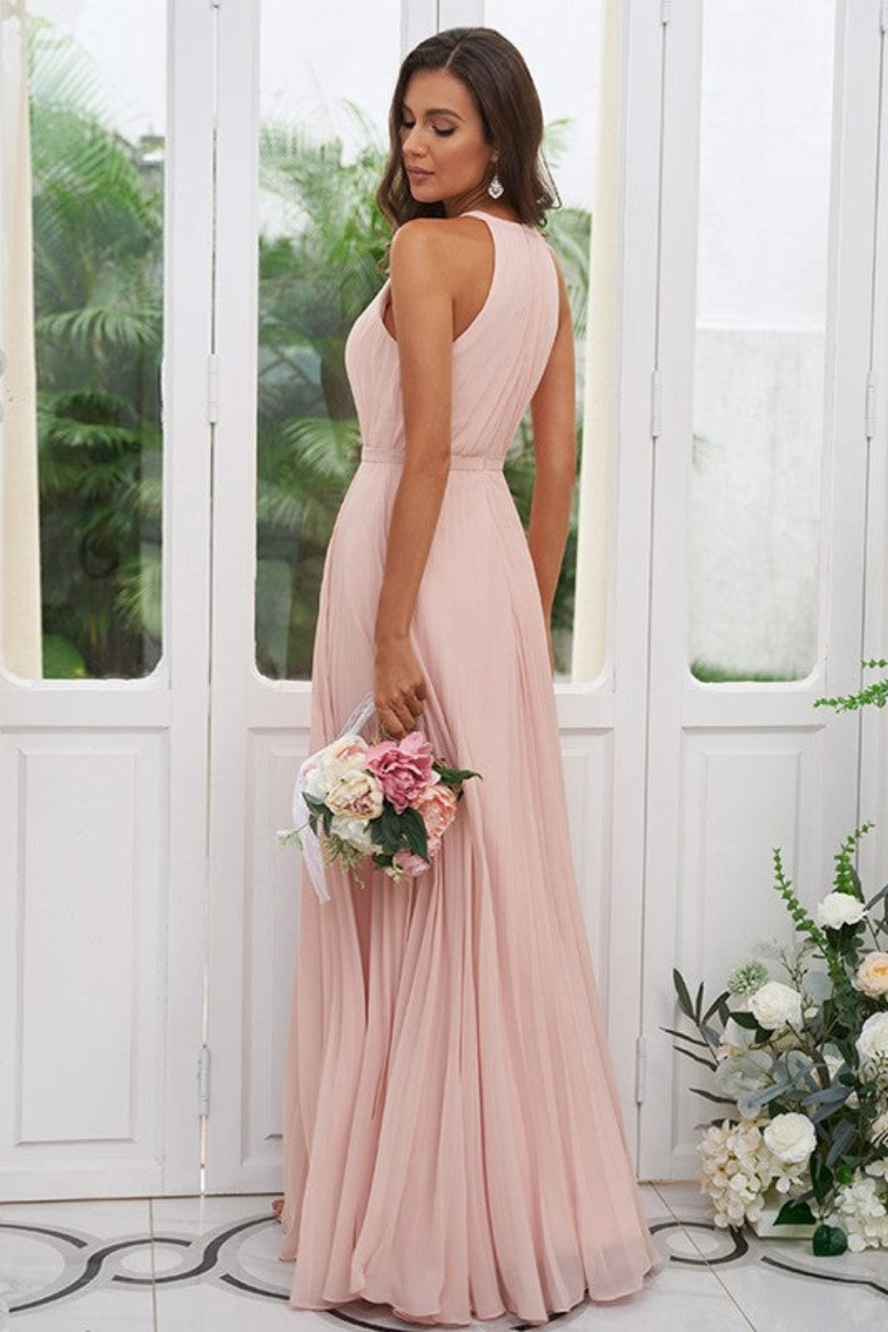dressimeA Line Chiffon Halter Ruched Bodice Bridesmaid Dresses 