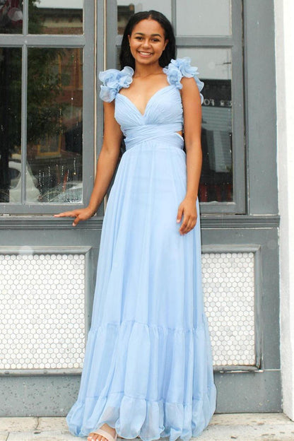 dressimeA-Line Chiffon V-Neck Ruffled Straps Prom Dress 