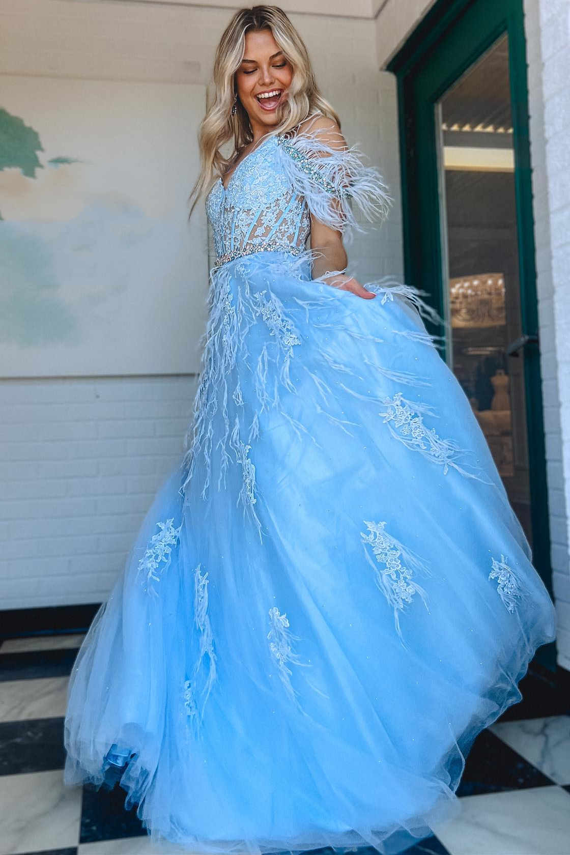 Dressime A Line Cold Shoulder Lace Corset Long Prom Dresses with Feath dressime Dressime A Line Cold Shoulder Lace Corset Long Prom Dresses with Feath dressime