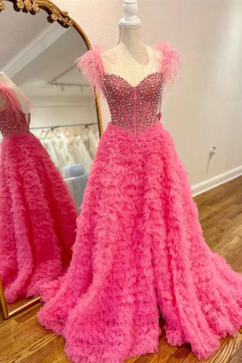 Dressime A Line Custom-Made Long Off the Shoulder Sweetheart Tiered Prom Dresses with Split dressime