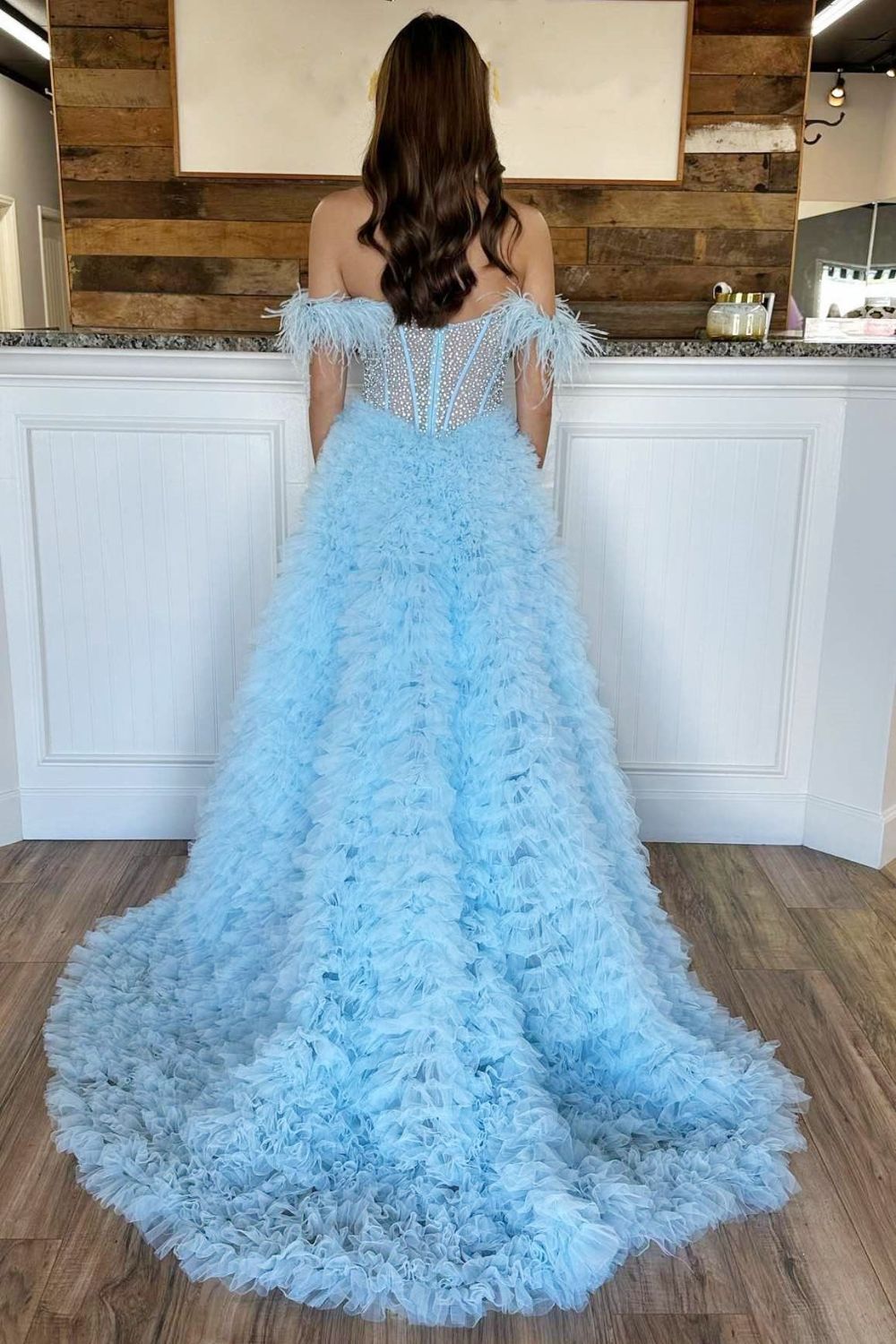 Dressime A Line Custom-Made Long Off the Shoulder Sweetheart Tiered Prom Dresses with Split dressime